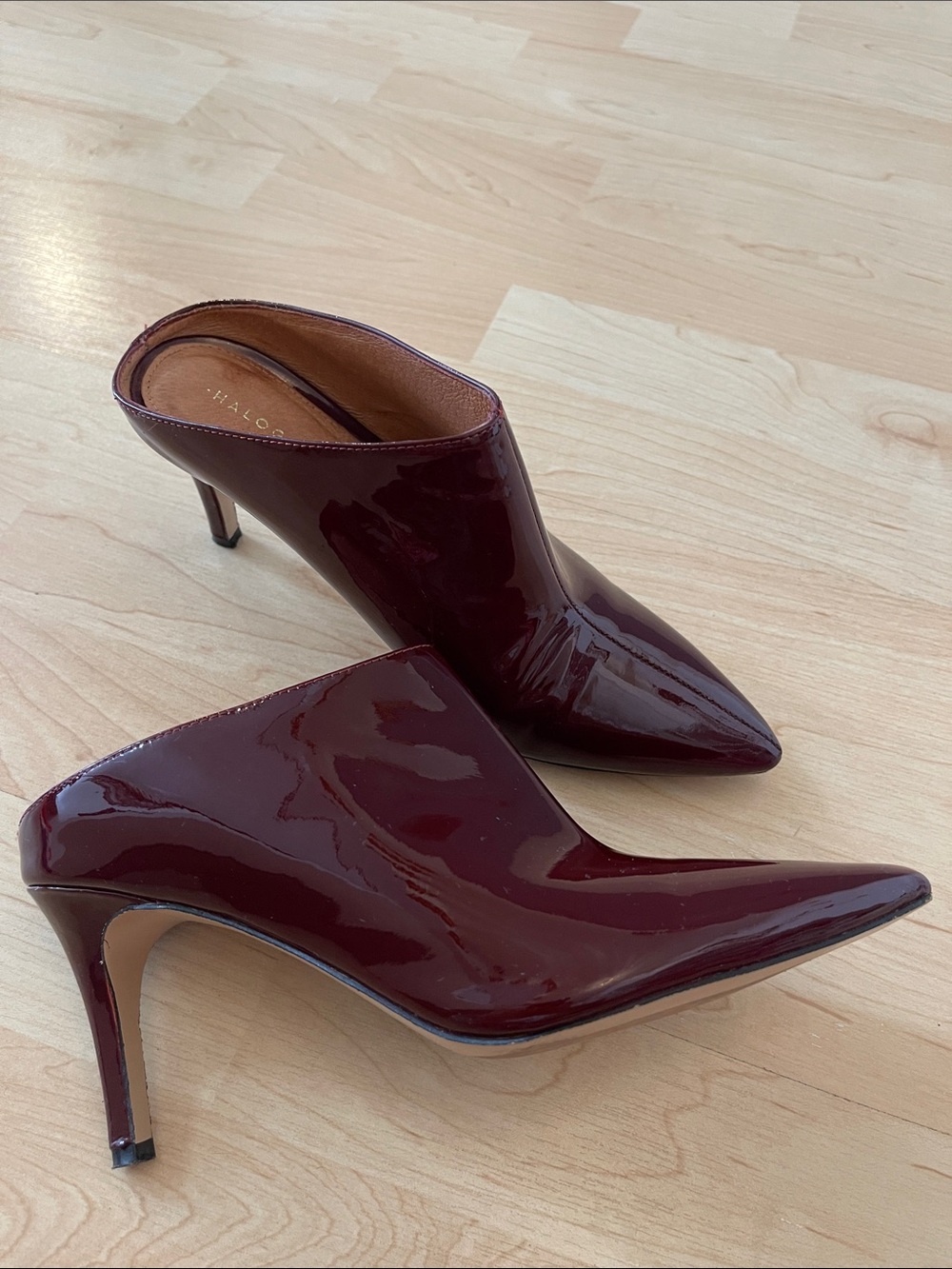 Halogen Burgundy Patent Pointed-Toe Mule Heels